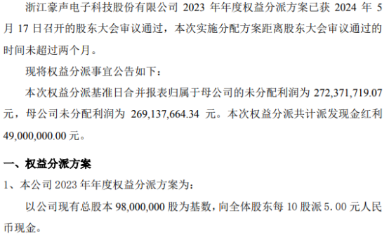 PG电子网站豪声电子2023年权益分派每10股派现5元共计派发现金红利4900万元