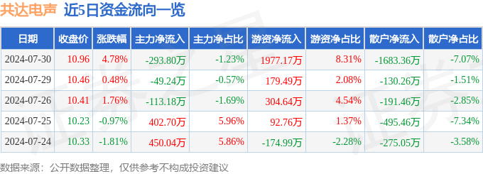 共达电声（002655）7月30日主力资金净卖出29380万元