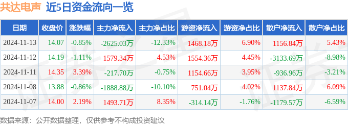 PG电子网站股票行情快报：共达电声（002655）11月13日主力资金净卖出262503万元